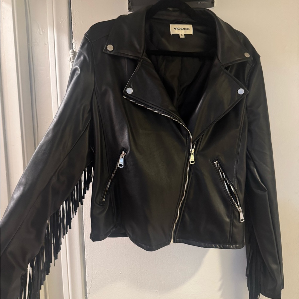 Vigoss Black Leather Jacket with Fringe